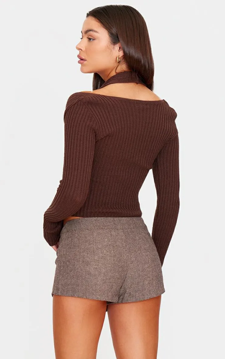 PrettyLittleThing Knitted Tops*Chocolate Double Layer Rib Knit Long Sleeve Top