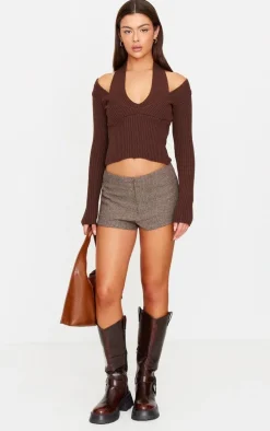 PrettyLittleThing Knitted Tops*Chocolate Double Layer Rib Knit Long Sleeve Top
