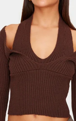PrettyLittleThing Knitted Tops*Chocolate Double Layer Rib Knit Long Sleeve Top