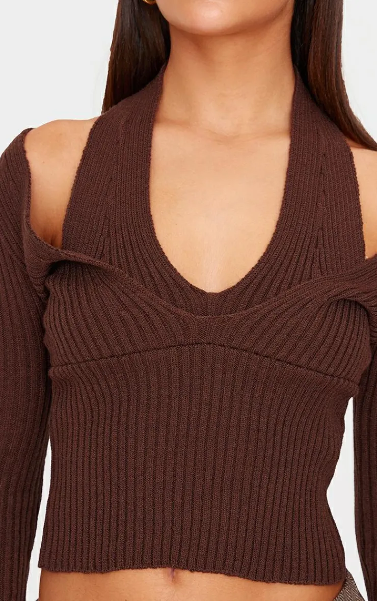 PrettyLittleThing Knitted Tops*Chocolate Double Layer Rib Knit Long Sleeve Top