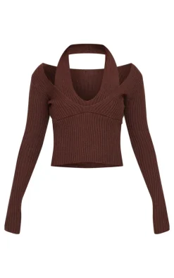 PrettyLittleThing Knitted Tops*Chocolate Double Layer Rib Knit Long Sleeve Top