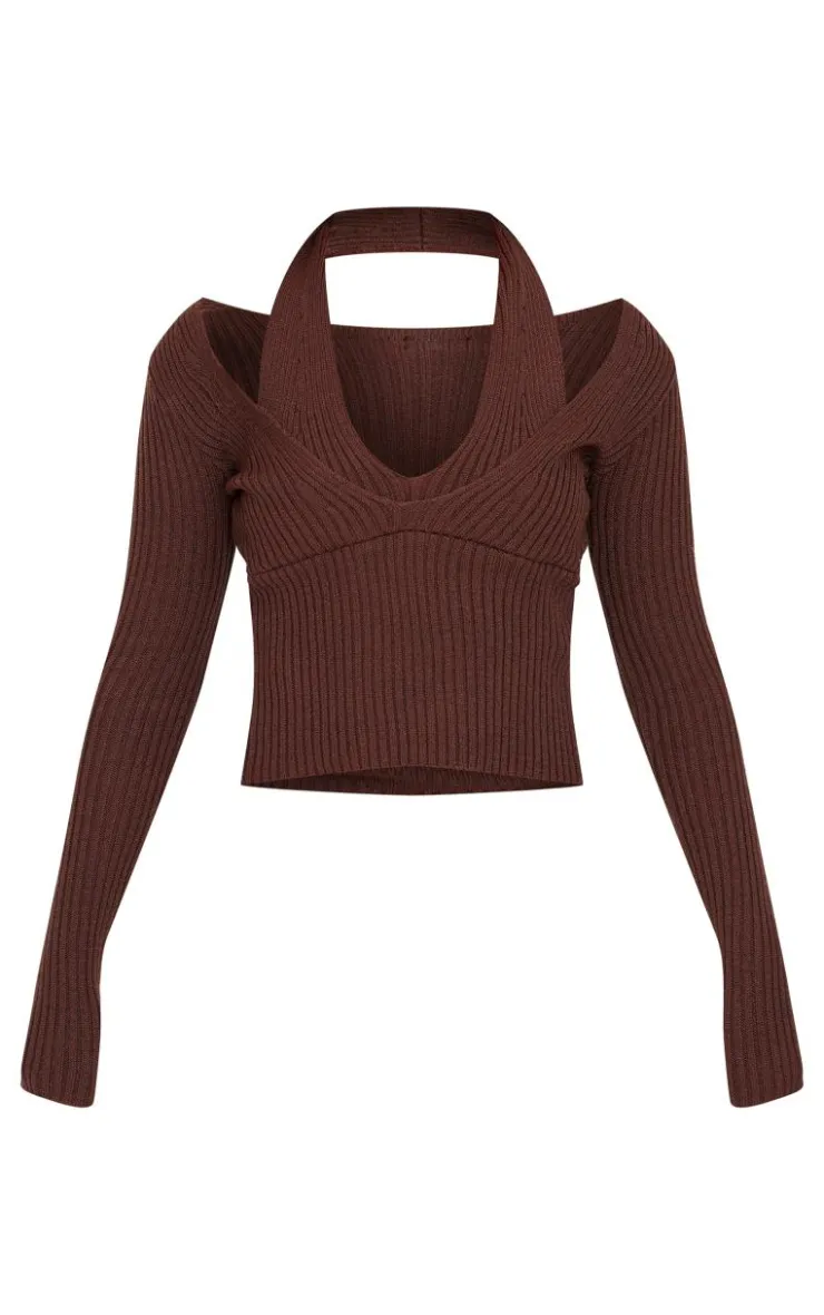 PrettyLittleThing Knitted Tops*Chocolate Double Layer Rib Knit Long Sleeve Top