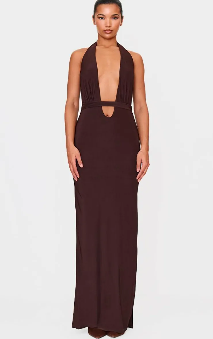 Chocolate Double Layer Skinky Wrap Waist Maxi Dress-PrettyLittleThing Discount