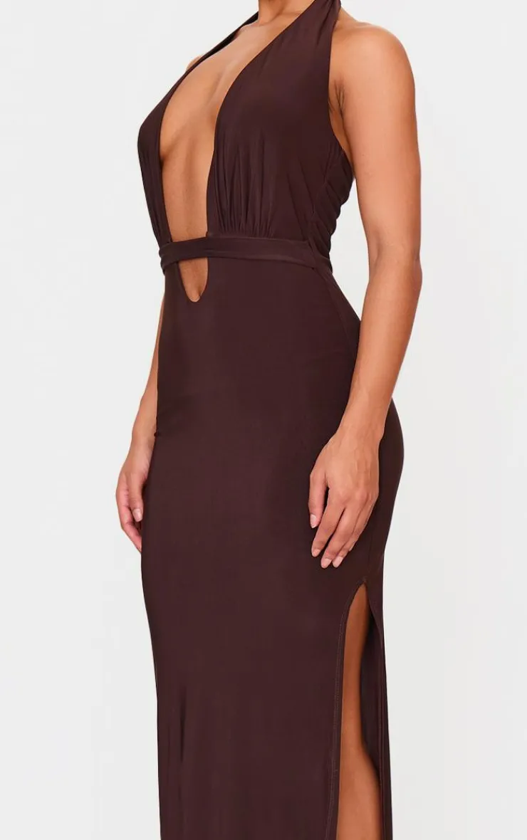 Chocolate Double Layer Skinky Wrap Waist Maxi Dress-PrettyLittleThing Discount
