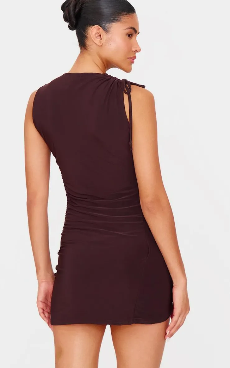 Chocolate Double Layer Slinky Ruched Cut Out Mini Dress-PrettyLittleThing Outlet