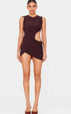 Chocolate Double Layer Slinky Ruched Cut Out Mini Dress-PrettyLittleThing Outlet