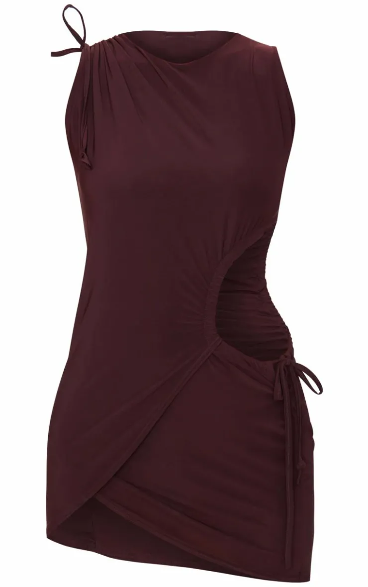 Chocolate Double Layer Slinky Ruched Cut Out Mini Dress-PrettyLittleThing Outlet