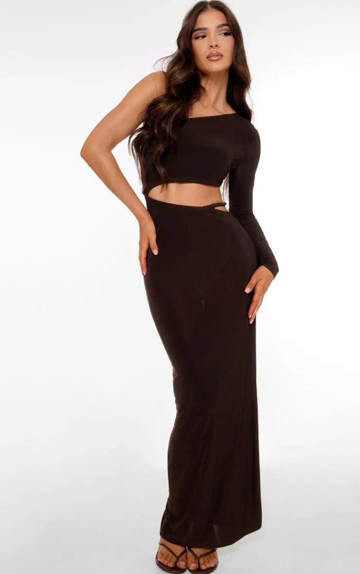 Chocolate Double Layer Soft Touch One Sleeve Cut Out Dress-PrettyLittleThing Outlet