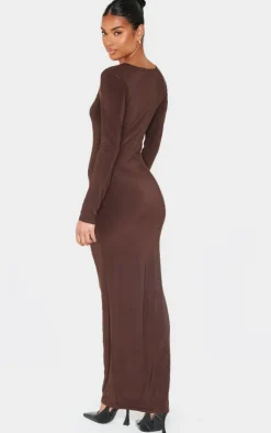 Chocolate Double Slinky Asymmetric Neck Line Long Sleeve Maxi Dress-PrettyLittleThing Sale