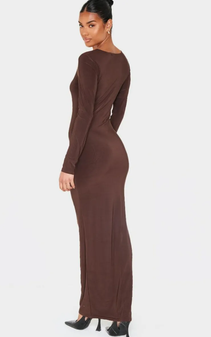 Chocolate Double Slinky Asymmetric Neck Line Long Sleeve Maxi Dress-PrettyLittleThing Sale