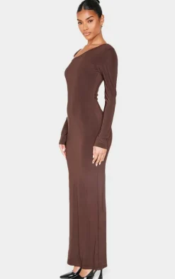 Chocolate Double Slinky Asymmetric Neck Line Long Sleeve Maxi Dress-PrettyLittleThing Sale