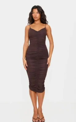 Extreme Ruched Spaghetti Midi Dress-PrettyLittleThing Online
