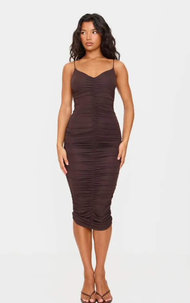 Extreme Ruched Spaghetti Midi Dress-PrettyLittleThing Online