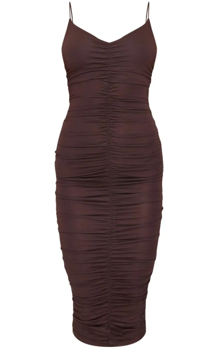 Extreme Ruched Spaghetti Midi Dress-PrettyLittleThing Online