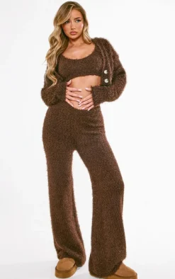 New PrettyLittleThing Eyelash Bobble Knit Wide Leg Pants Chocolate