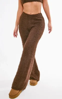 New PrettyLittleThing Eyelash Bobble Knit Wide Leg Pants Chocolate