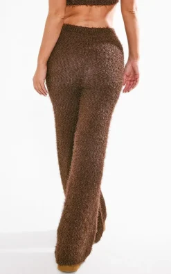 New PrettyLittleThing Eyelash Bobble Knit Wide Leg Pants Chocolate