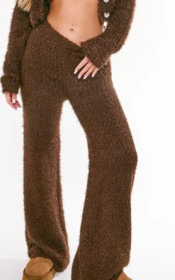 New PrettyLittleThing Eyelash Bobble Knit Wide Leg Pants Chocolate