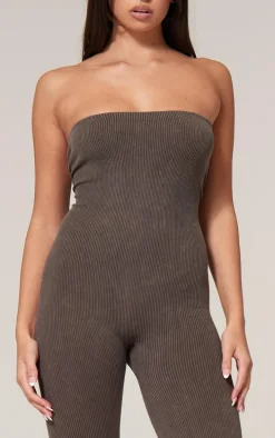 Chocolate Faded Snatched Rib Bandeau Straight Leg Jumpsuit