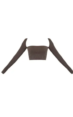 Chocolate Faded Snatched Rib Sleeve Detail Crop Top