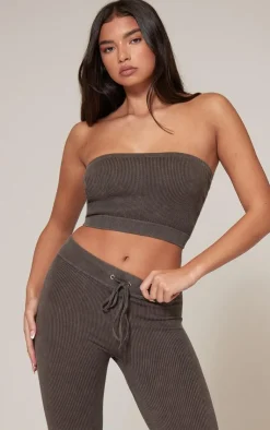 Online PrettyLittleThing Chocolate Faded Snatched Rib Bandeau Crop Top Chocolate.