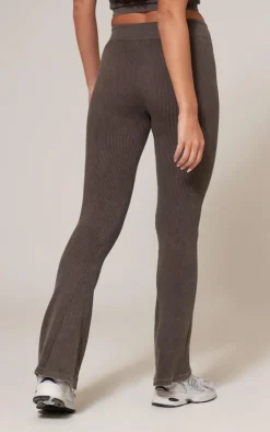 Online PrettyLittleThing Chocolate Faded Snatched Rib Tie Waist Skinny Flared Pants Chocolate.