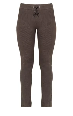 Online PrettyLittleThing Chocolate Faded Snatched Rib Tie Waist Skinny Flared Pants Chocolate.