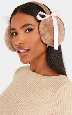 PrettyLittleThing Winter Accessories*Chocolate Faux Fur Bow Detail Ear Muffs