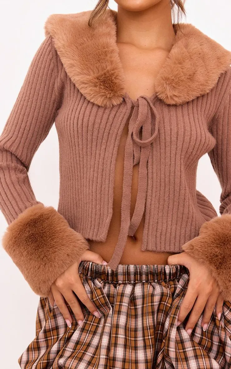 PrettyLittleThing Cardigans*Faux Fur Trim Detail Tie Front Top