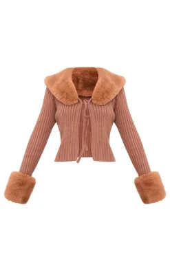 PrettyLittleThing Cardigans*Faux Fur Trim Detail Tie Front Top
