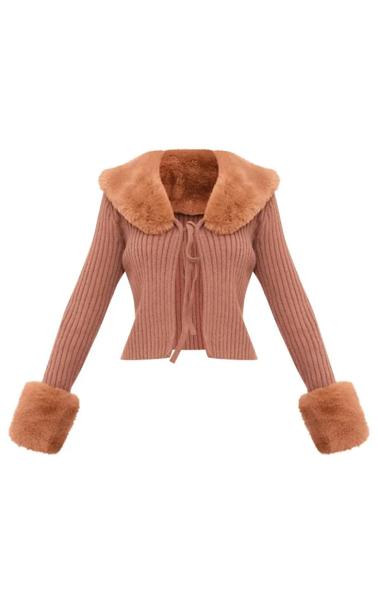 PrettyLittleThing Cardigans*Faux Fur Trim Detail Tie Front Top