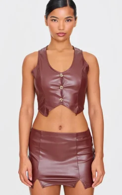 Hot PrettyLittleThing Faux Leather Cropped Vest Chocolate