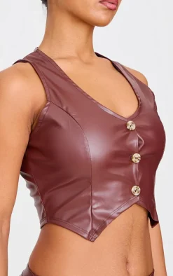 Hot PrettyLittleThing Faux Leather Cropped Vest Chocolate