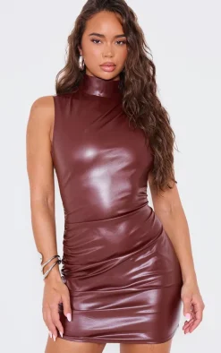 Chocolate Faux Leather High Neck Sleeveless Ruched Mini Dress-PrettyLittleThing Sale