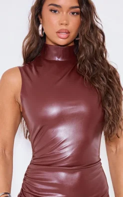 Chocolate Faux Leather High Neck Sleeveless Ruched Mini Dress-PrettyLittleThing Sale