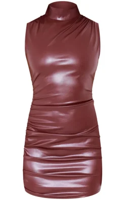 Chocolate Faux Leather High Neck Sleeveless Ruched Mini Dress-PrettyLittleThing Sale