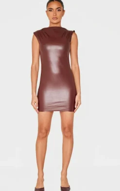 Faux Leather High Neck Ruched Mini Dress-PrettyLittleThing Online