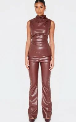 Online PrettyLittleThing Faux Leather High Waisted Flares Chocolate