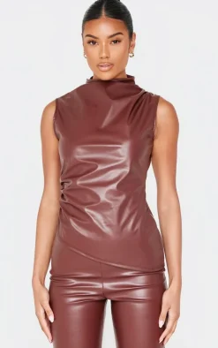 Online PrettyLittleThing Faux Leather High Neck Asymmetric Hem Side Ruched Top Chocolate