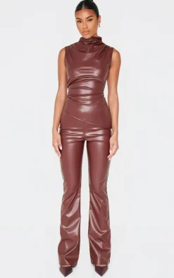 Online PrettyLittleThing Faux Leather High Neck Asymmetric Hem Side Ruched Top Chocolate