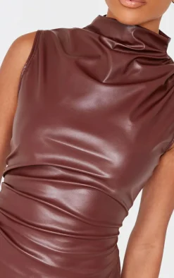 Online PrettyLittleThing Faux Leather High Neck Asymmetric Hem Side Ruched Top Chocolate