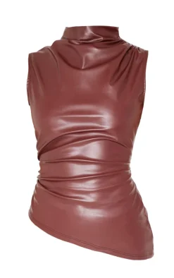Online PrettyLittleThing Faux Leather High Neck Asymmetric Hem Side Ruched Top Chocolate