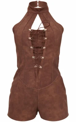 Faux Leather Lace Up Halterneck Romper-PrettyLittleThing Clearance