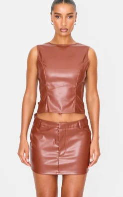 PrettyLittleThing Chocolate Faux Leather Low Rise Mini Skirt Chocolate.