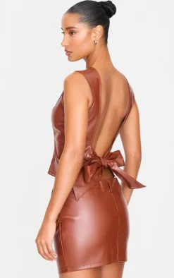Sale PrettyLittleThing Faux Leather Open Back Long Top Chocolate