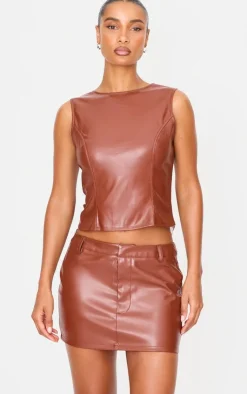 Sale PrettyLittleThing Faux Leather Open Back Long Top Chocolate