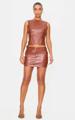 Sale PrettyLittleThing Faux Leather Open Back Long Top Chocolate