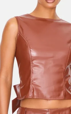 Sale PrettyLittleThing Faux Leather Open Back Long Top Chocolate