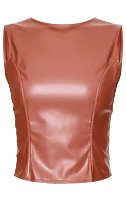 Sale PrettyLittleThing Faux Leather Open Back Long Top Chocolate