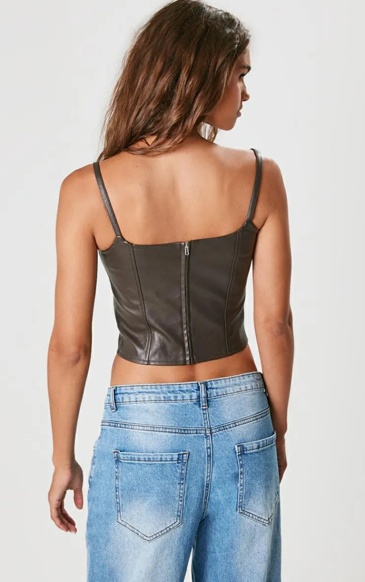 PrettyLittleThing Corsets*Chocolate Faux Leather Square Neck Long Corset
